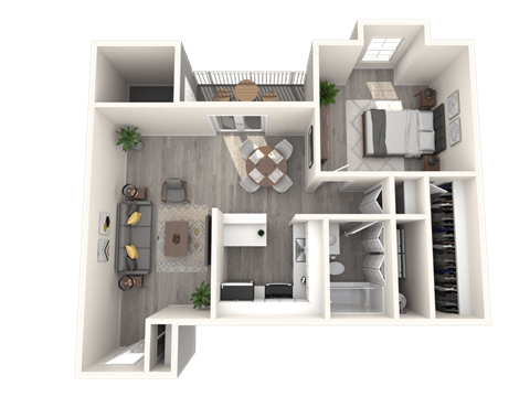 Floor plan for 1 bed, 1 bath, 715 sqft